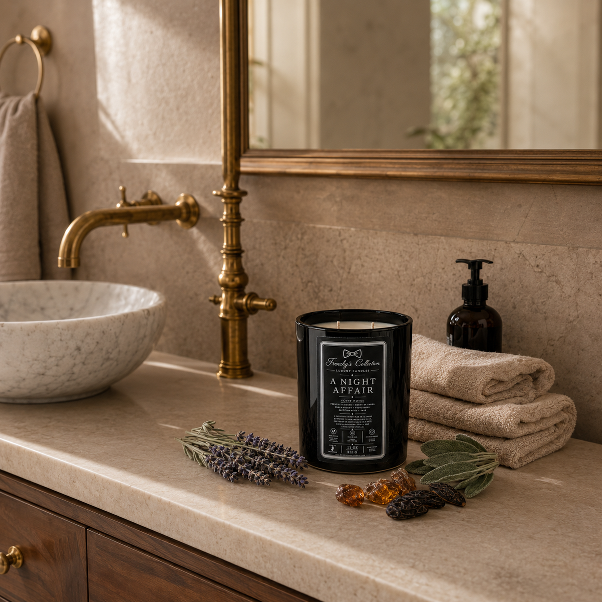 A Night Affair candle styled from a distance in a warm luxury bathroom