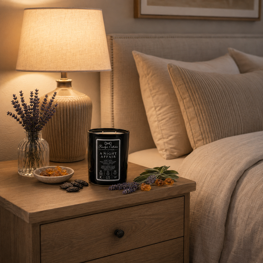 A Night Affair candle styled from a distance on a bedroom nightstand