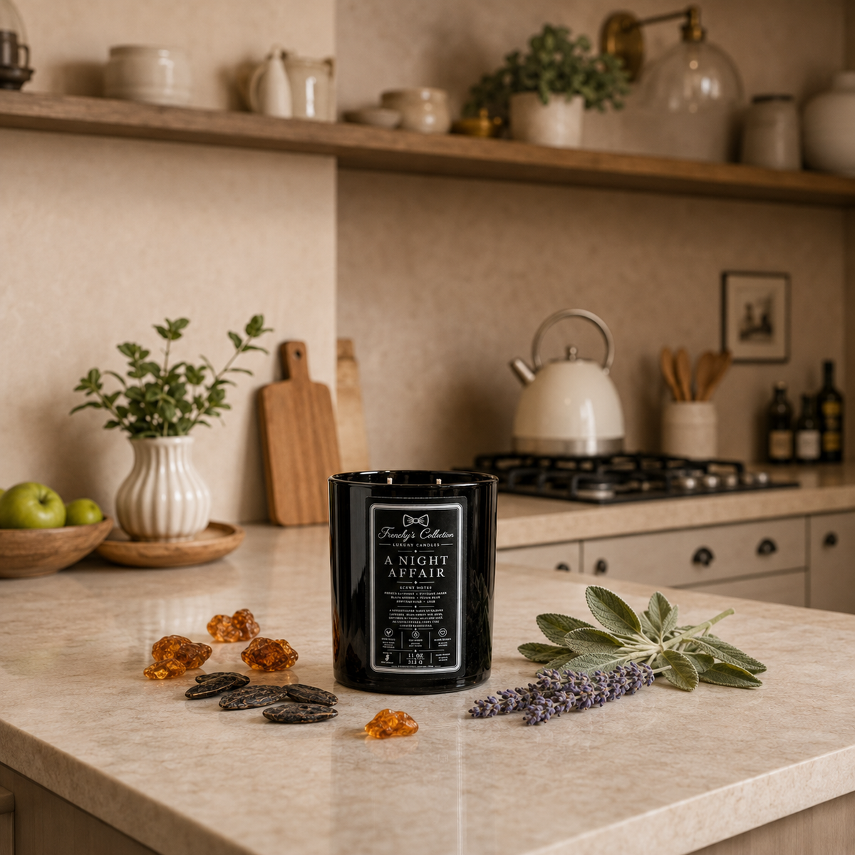 A Night Affair candle styled from a distance in a warm Chelsea-inspired kitchen