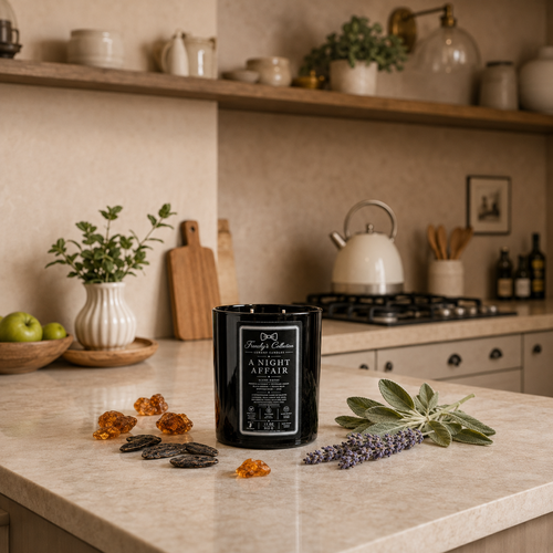 A Night Affair candle styled from a distance in a warm Chelsea-inspired kitchen