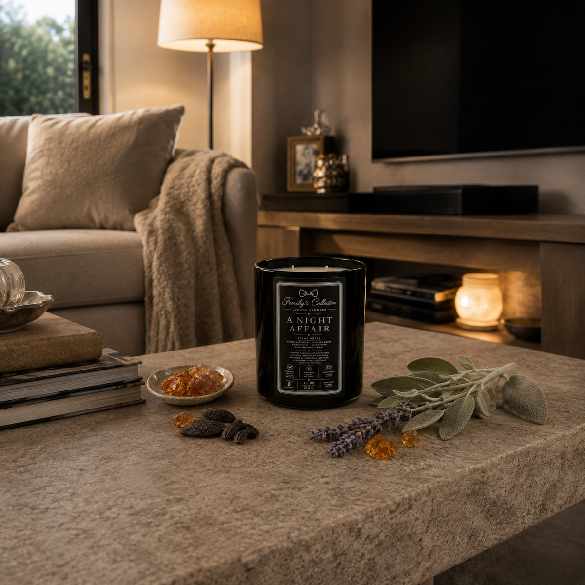 A Night Affair candle styled from a distance in a warm living and TV room