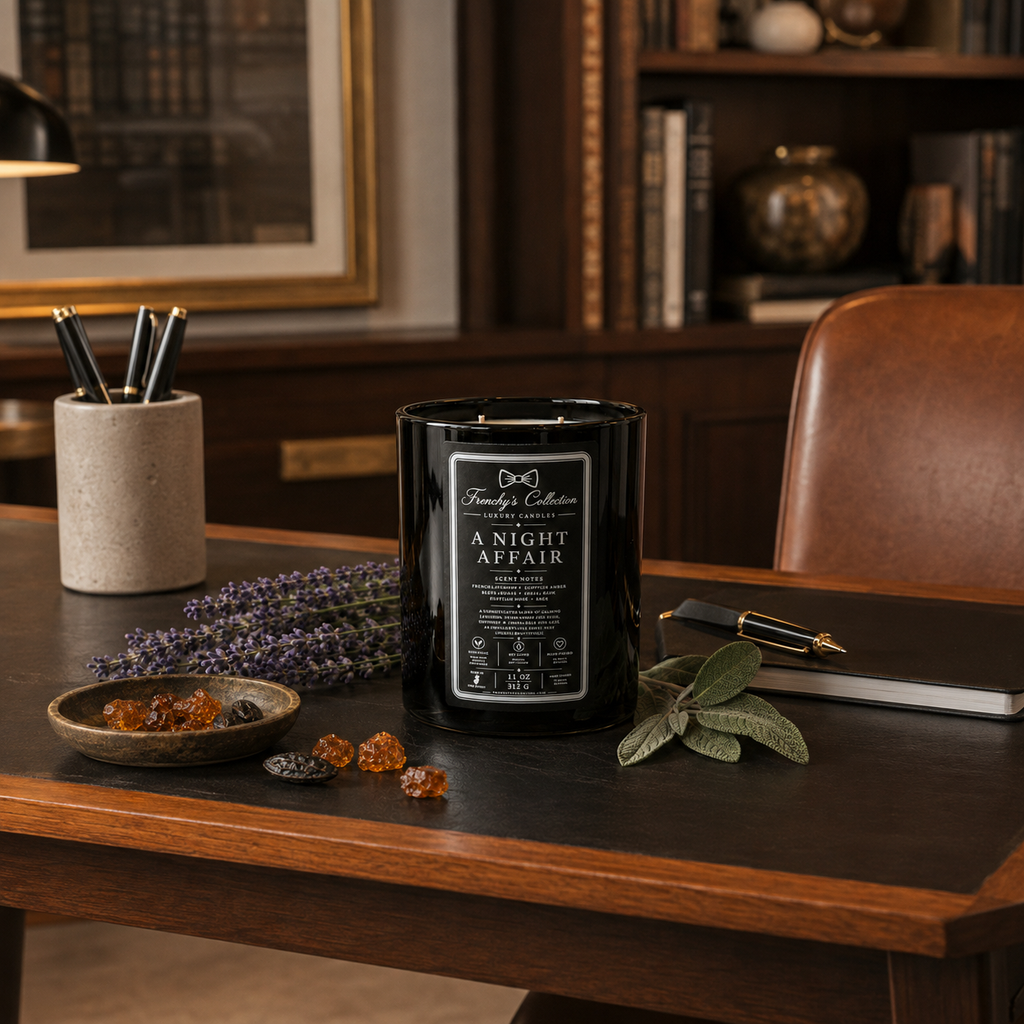 A Night Affair candle styled from a distance in a refined office