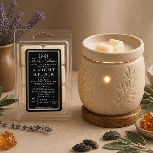 A Night Affair 2.7 oz wax melts beside a wax warmer