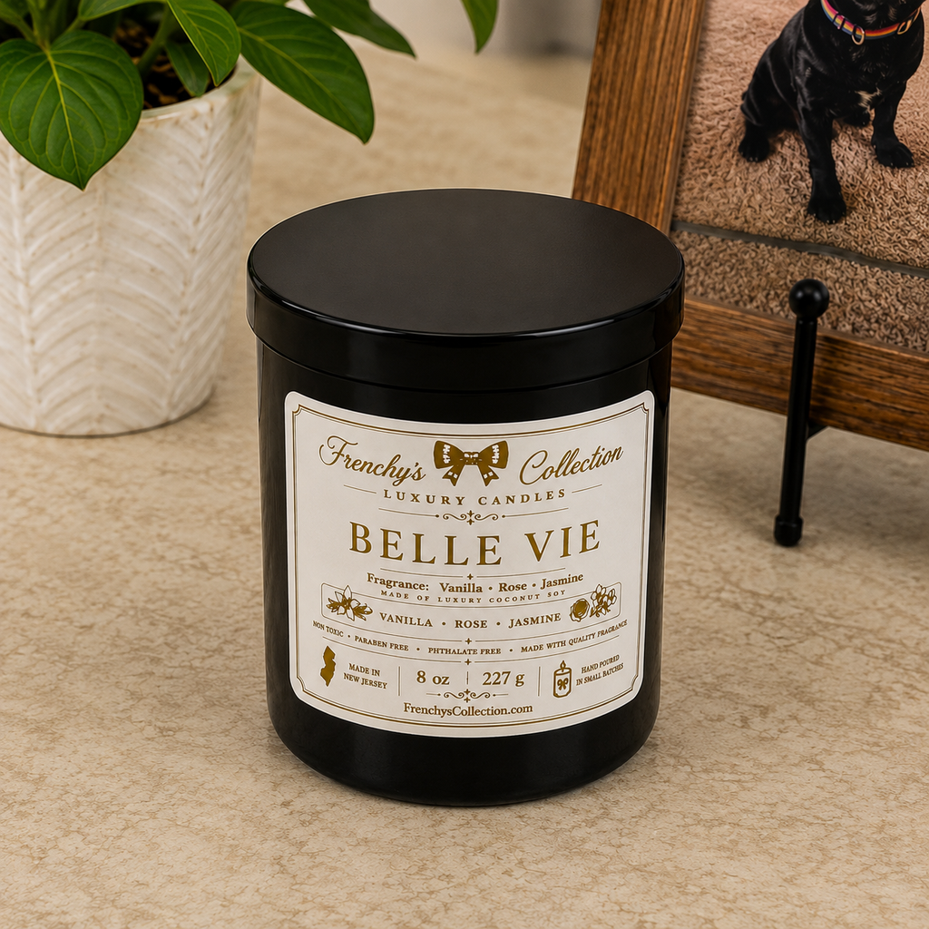 Belle Vie 8 oz candle lifestyle photo with Vanilla Rose Jasmine fragrance