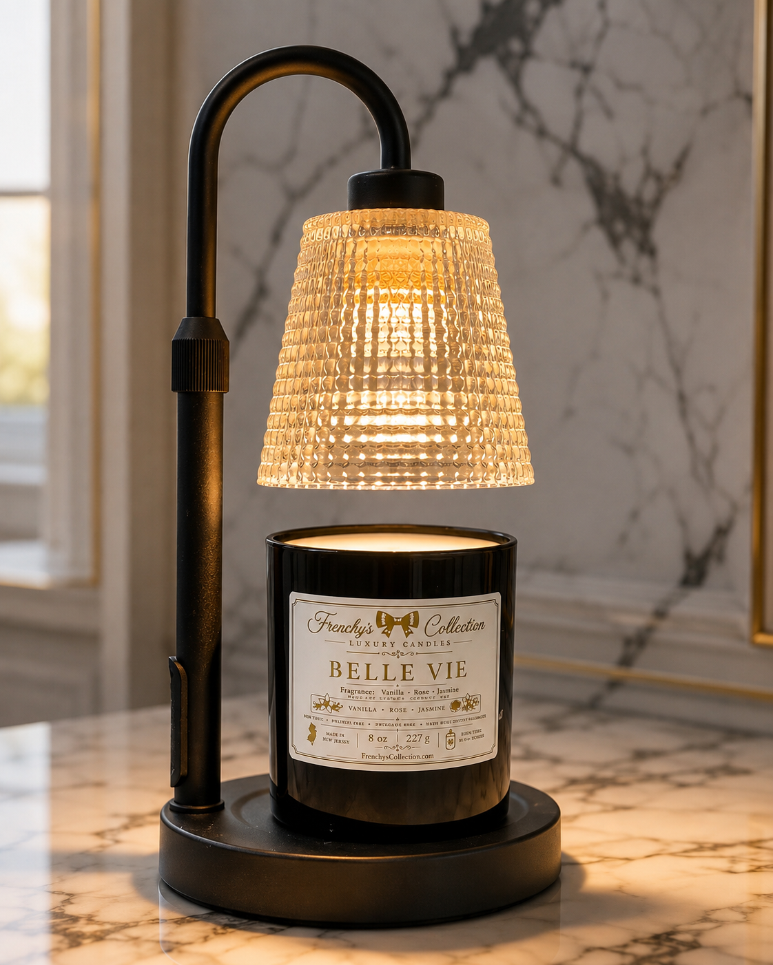 Belle Vie 8 oz wickless candle under a lamp warmer