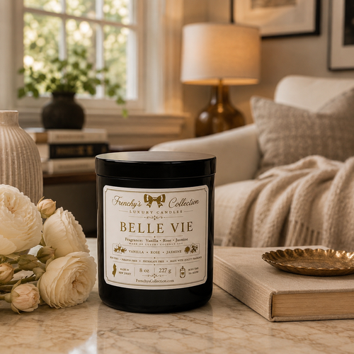 Belle Vie candle styled in a warm home interior
