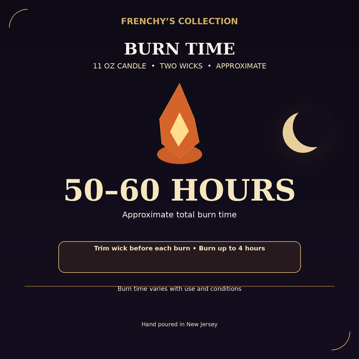 11 oz two-wick candle approximate burn time: 50 to 60 hours