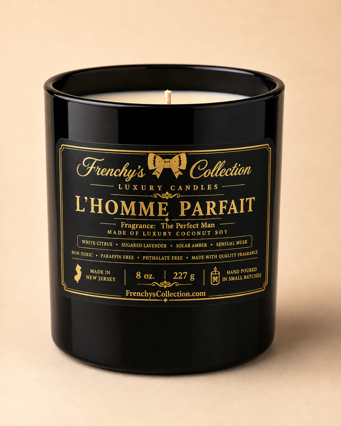 Frenchy's Collection L’Homme Parfait 8 oz one-wick candle in black glass with black and gold label