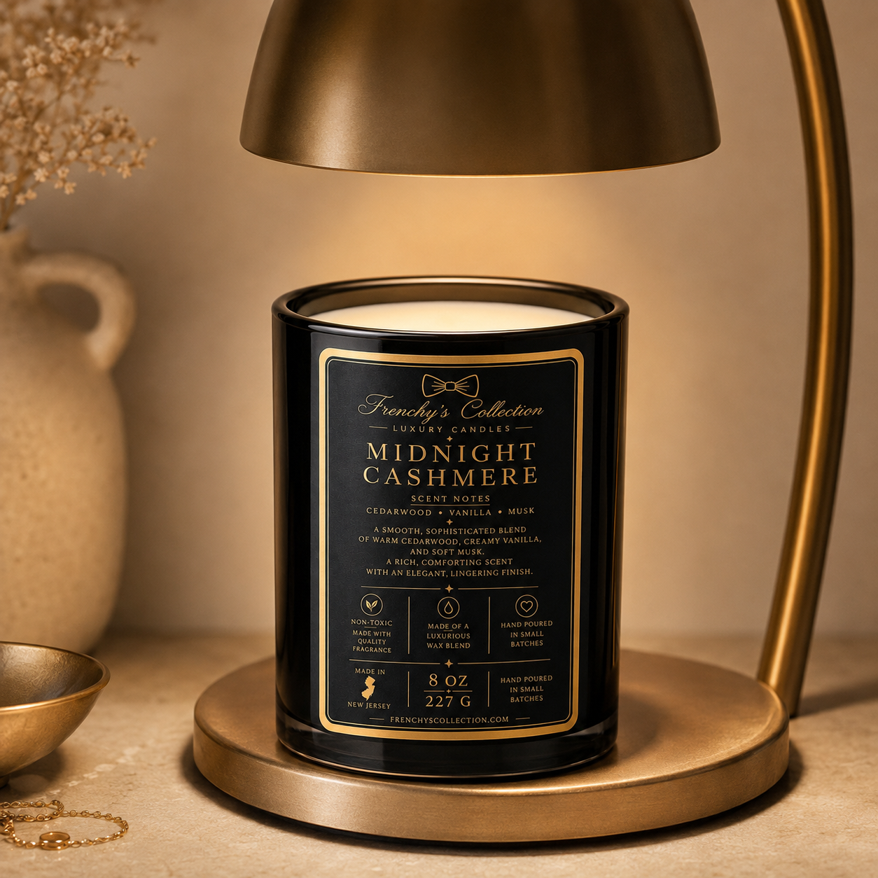 Midnight Cashmere 8 oz wickless candle under a lamp warmer
