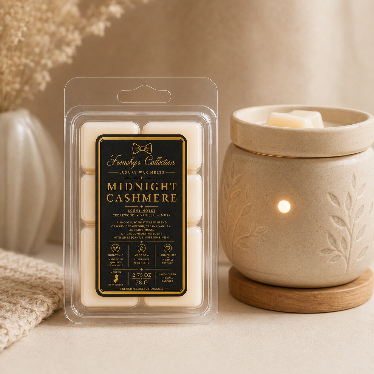 Midnight Cashmere 2.7 oz wax melts beside a wax warmer